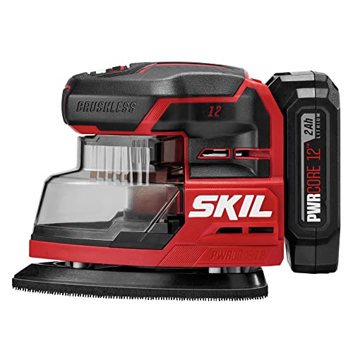 SKIL PWR CORE 12 Brushless 12V Compact Detail Sander Kit with Up to 12,000 OPM Includes 40pc Sandpaper(80/120/180/240 grits), Dust Box, 2.0Ah Battery