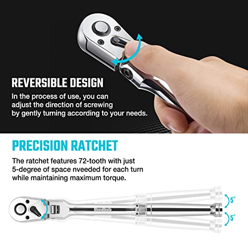 DURATECH 3/8" Drive Flex-Head Ratchet, 72-Tooth Ratchet Wrench, Quick-release, Reversible Switch, Full-Polished Chrome Plating, Alloy Steel DURATECH