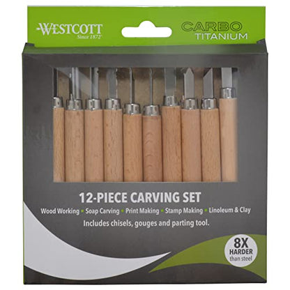 Westcott CarboTitanium Carving Tools, 12-Piece Set, Natural Wood Handles - WoodArtSupply