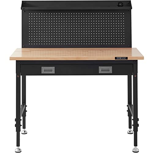 VEVOR Workbench Adjustable Height 28-39.5" Work Bench for Garage Oak Plank & Carbon Steel Heavy Duty Workbench 2000lbs Weight Capacity Bench top Size VEVOR