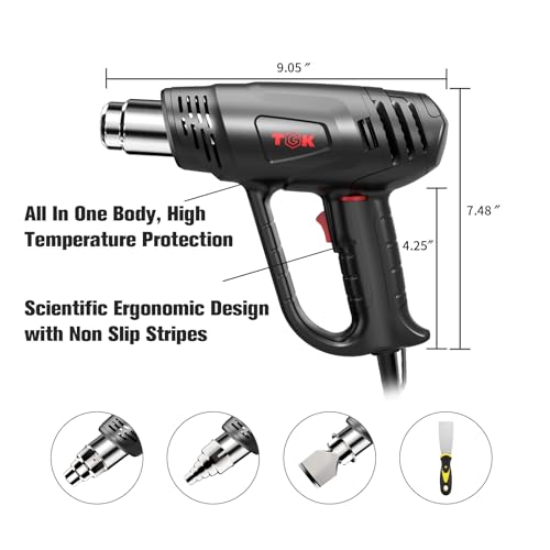 Heat Gun, TGK® 1800W Heavy Duty Hot Air Gun Kit 122℉~1202℉ Dual Temperature Settings with 6 Attachments Overload Protection for Crafts, Shrink