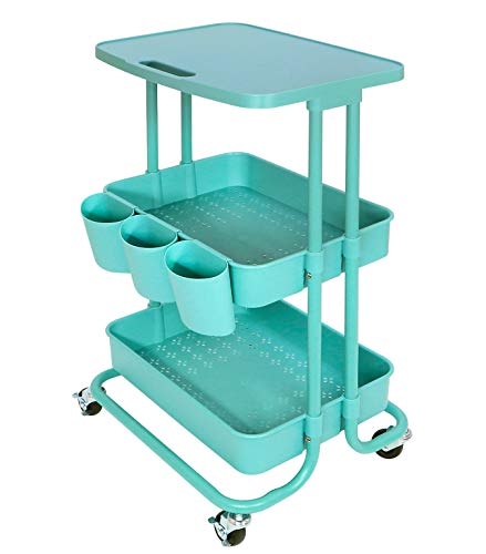 Asunflower 3 Tier Rolling Cart with Table Top, Utility Cart with Wheels, Multi-functional Storage Cart for Teal - WoodArtSupply