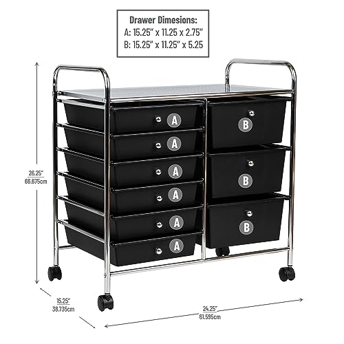 Mind Reader Rolling Cart with Drawers, Utility Cart, Craft Storage, Kitchen, Metal, 24.25"L x 15.25"W x 26.25"H, Black/Silver - WoodArtSupply