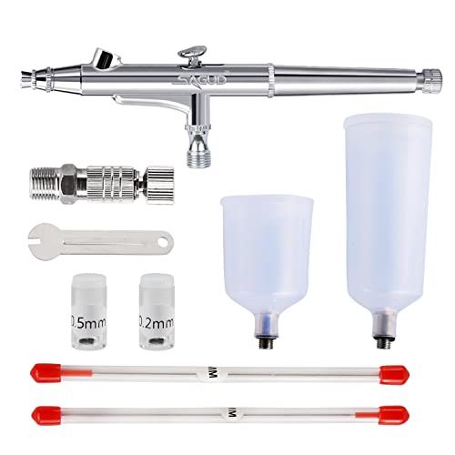 SAGUD Airbrush Kit 0.3mm Dual-Action Air Brush Gun with 20cc and 40 cc Plastic Fluid Cups - Extra 0.2mm & 0.5mm Nozzles Needle Air Caps and Quick SAGUD
