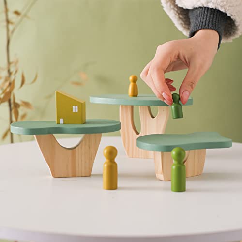 Wooden Tree Toy Pack of 15 Wood Stacking Forest Toys for Toddlers Peg Doll and Tree Sensory Toys for Kids Educational Stacking Balancing Blocks