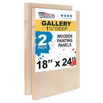 U.S. Art Supply 18" x 24" Birch Wood Paint Pouring Panel Boards, Gallery 1-1/2" Deep Cradle (Pack of 2) - Artist Depth Wooden Wall Canvases -