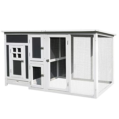 PawHut 63" Chicken Coop Wooden, Outdoor Chicken Cage Hen House with Run Area, Nesting Box, Waterproof Roof, Removable Tray - WoodArtSupply