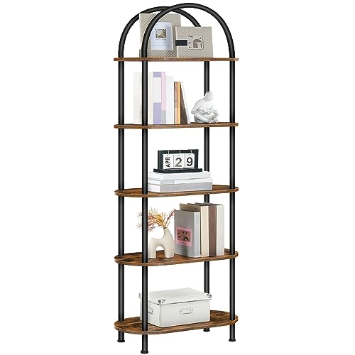 HOOBRO 5 Tier Open Bookshelf, Industrial Arched Bookcase Display Shelf Racks, Wooden Bookcase Storage Shelves Metal Frame, Tall Storage Organizer for