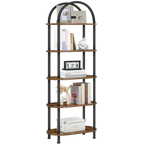 HOOBRO 5-Tier Industrial Arched Bookshelf with Rustic Brown Finish HOOBRO
