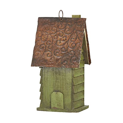 Glitzhome 12" H Green Hanging Distressed Solid Wood Garden Bird House Decoratvie Birdhouse - WoodArtSupply