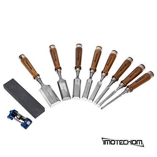 IMOTECHOM 10-Pieces Woodworking Wood Chisel Set with Wooden Box, Honing Guide, Sharpening Stone, Razor Sharp CR-V 60 Steel Blades IMOTECHOM