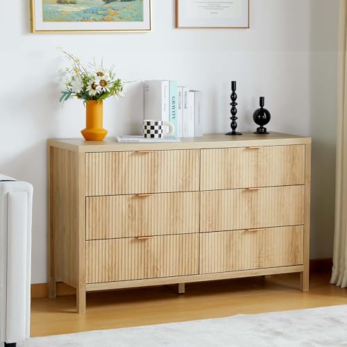 wirrytor 6 Drawer Double Dresser for Bedroom, Modern Closet Dressers Chest of Drawers with Fluted Panel,Wide Wood Storage Dresser Organizer for