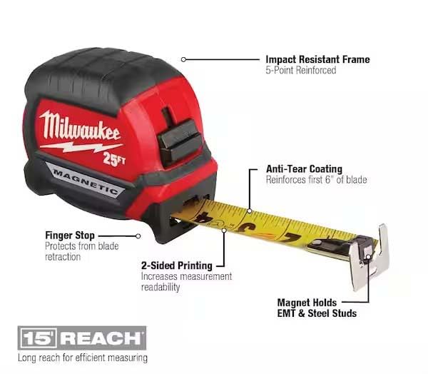 Milwaukee 25 ft. x 1-1/16 in. Compact Magnetic Tape Measure with 15 ft. Reach (2-Pack) - WoodArtSupply