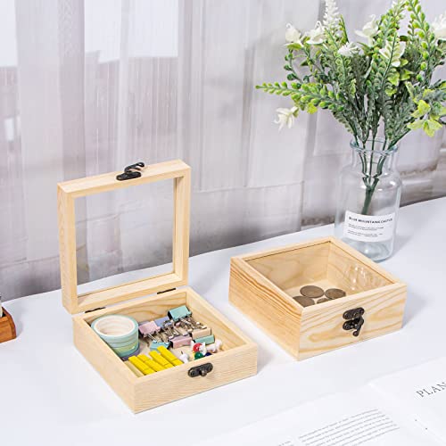 Useekoo 2Pcs Small Wood Box with Lid, 4.7'' x 4.7'' x 2'' Unfinished Wood Gift Box with Glass Lid, Tiny Wooden Box for Gift and Home Decorations Useekoo