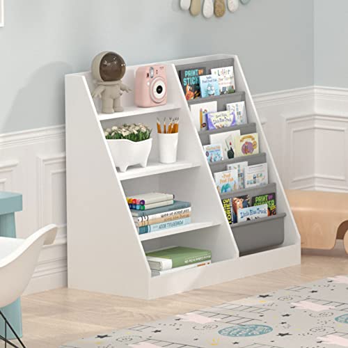 White 4-Tier Kids Wooden Bookshelf with Five Sling Pockets for Toys and Books Storage - WoodArtSupply