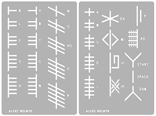 Aleks Melnyk #185 Metal Wicca Stencils, Ogham Runes, Sigil Magic, Alphabet, Lettering, Viking Stencil 2 PCS, Template Tools for Wood Burning, - WoodArtSupply