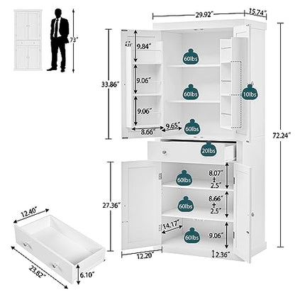 usikey 72” Kitchen Pantry Cabinet, Tall Storage Cabinet with 4 Doors and 1 Drawer, Freestanding Cupboard with 6 Hanging Shelves and Adjustable - WoodArtSupply