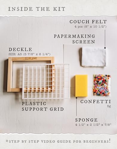 Waterproof Paper Making Screen Kit to Craft Your Own Handmade A5 Paper: Wood Deckle, Mesh Screen, Plastic Grid, Confetti, Sponge, 4 Couch Felts &