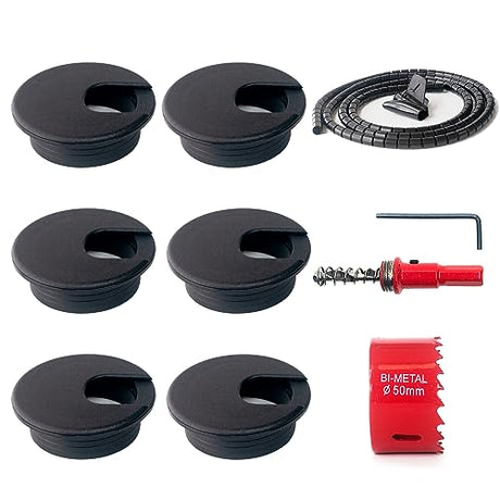 Bicafa 6-Pack Desk Grommet 50mm (2 inch) Wire Cord Cable Desk Hole Cover with Bi-Metal Hole Saw Kit and Cord Wire Wrap Coiled Tube Sleeve Bicafa