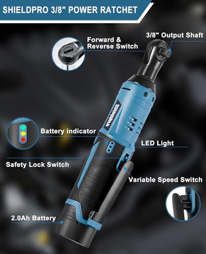 SHIELDPRO Cordless Electric Ratchet Wrench Kit,40Ft-lb 3/8" Power Ratchet Wrench 1-Hour Fast Charge,2 Packs 2000MA Lithium-Lon Battery,1/4 SHIELDPRO