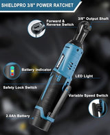 SHIELDPRO Cordless Electric Ratchet Wrench Kit,40Ft-lb 3/8" Power Ratchet Wrench 1-Hour Fast Charge,2 Packs 2000MA Lithium-Lon Battery,1/4 SHIELDPRO