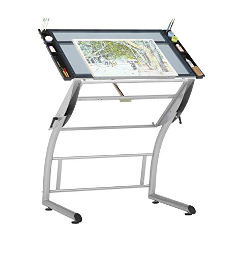 SD STUDIO DESIGNS Triflex Drawing Table, Sit to Stand Up Adjustable Office Home Computer Desk, 35.25" W X 23.5" D, Silver/Blue Glass SD STUDIO DESIGNS