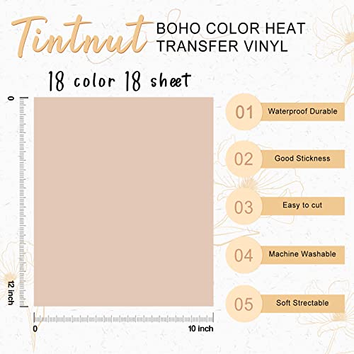 Tintnut Boho Color Heat Transfer Vinyl - 18 Sheets 12 X10 Inche Neutral Tone Brown HTV Vinyl Aqua Iron On Vinyl Beige/Brown/Tan/Light Lilac HTV for - WoodArtSupply