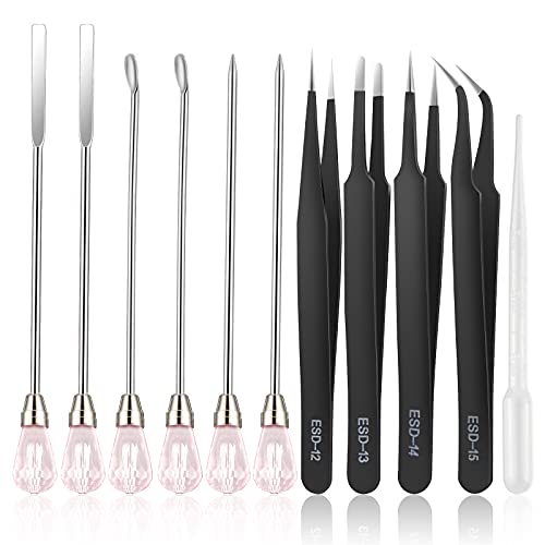 11 Pcs Resin Spoon Tools Kit-Metal Stir Sticks Resin Spoons Poke Needle with Anti-Static Stainless Steel Precision Tweezers Set for Resin MSDADA