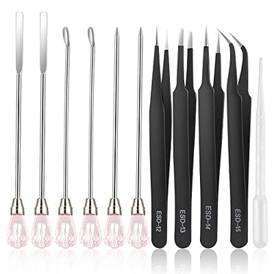 11 Pcs Resin Spoon Tools Kit-Metal Stir Sticks Resin Spoons Poke Needle with Anti-Static Stainless Steel Precision Tweezers Set for Resin