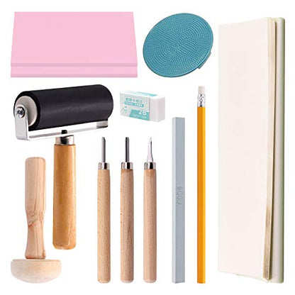 Swpeet 41Pcs Rubber Stamp Making Kit, Rubber Stamp Carving Blocks, 1 Whetstone, Craft Knife, Ink Roller, Plastic Stamp, Wooden Stamp and Rice Paper