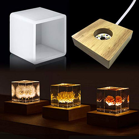 Square Light Resin Mold,LED Silicone Molds for Resin,Resin Silicone Molds with Wooden Lighted Base Stand for Resin Art,Home Decoration Trybesty
