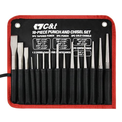 C&T 16-Piece Punch and Chisel Set with Storage Pouch, Including Taper Punch, Cold Chisels, Pin Punch, Center Punch, Chrome Vanadium Steel C&T