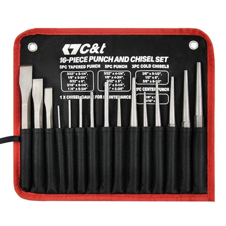 C&T 16-Piece Punch and Chisel Set with Storage Pouch, Including Taper Punch, Cold Chisels, Pin Punch, Center Punch, Chrome Vanadium Steel C&T