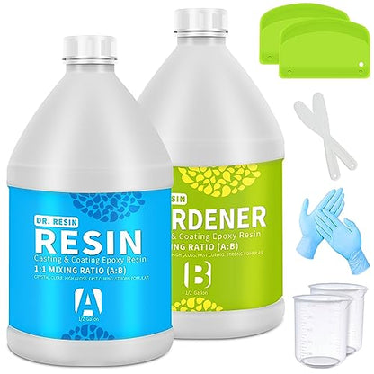 DR. RESIN 2 Part 1 Gallon Clear Epoxy Resin Kit (0.5 Gal Resin + 0.5 Gal Hardener) Crystal Jewelry Tabletop Resin with Cups Sticks Spreaders Gloves - WoodArtSupply