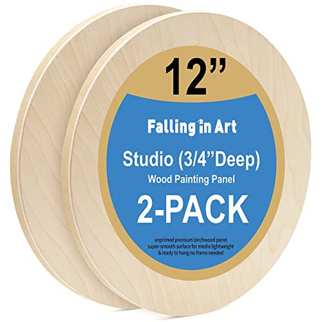 Falling in Art Unfinished Round Birch Wood Canvas Panels Kit, Falling in Art 2 Pack of 12’’ Studio 3/4’’ Deep Cradle Boards for Pouring Art, Crafts, Falling in Art