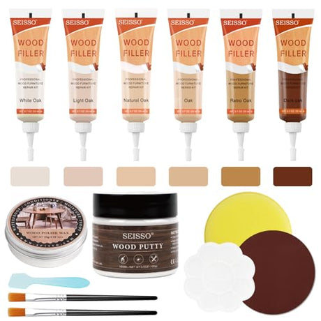 Natural Oak Wood Furniture Repair Kit, 6 Colors Wood Filler with Wood Putty, Wood Polish Wax for Holes, Scratches, Cracks, Stains, Restore Tables, SEISSO