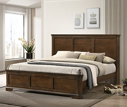 Roundhill Furniture Maderne Traditional Wood Panel Bed with Dresser, Mirror, Two Nightstands, Chest, King, Antique Walnut Roundhill Furniture
