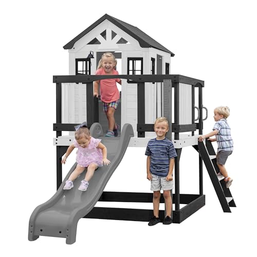 Backyard Discovery Sweetwater Heights Elevated All Cedar Wooden White Playhouse with Clubhouse Slide & Ladder Backyard Discovery