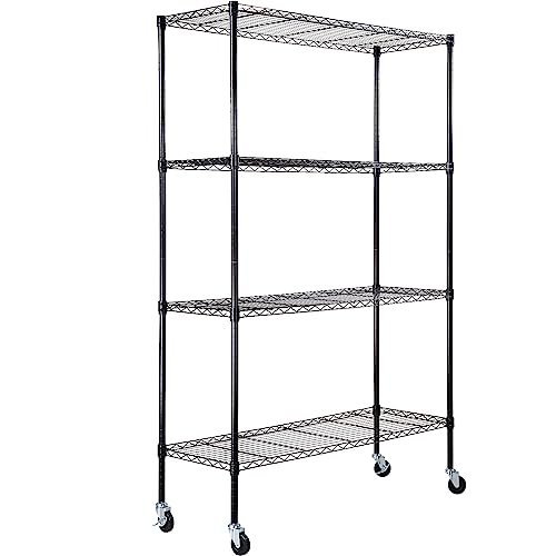 VEVOR Storage Shelving Unit with Wheels, 4-Tier Adjustable, 700 lbs Capacity, Heavy Duty Garage Shelves Metal Organizer Wire Rack, Black, 48" L x 18" - WoodArtSupply