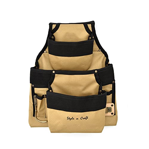 Style n Craft 9-Pocket Carpenter’s Nail and Tool Pouch, Heavy-Duty 600D Polyester Tool Pouch with Metal Hammer Holder and Metal Tape Clip, Khaki and Style N Craft