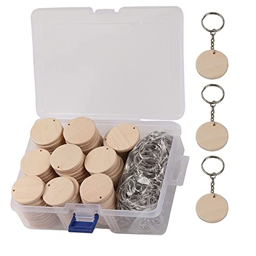 50Pcs Round Wood Circles with Keychain,Blank Round-Shaped Wooden Keychain Set with 50Pcs Wood Blanks,50 Pcs Keychain Rings with Chain,50Pcs Open Jump QMTSINEW