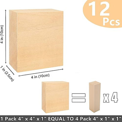 RHBLME 12 PCS Basswood Carving Blocks, 4" x 4" x 1" Unfinished Wood Blocks for Carving, Wooden Cubes Soft Solid Wooden for Beginners or Expert