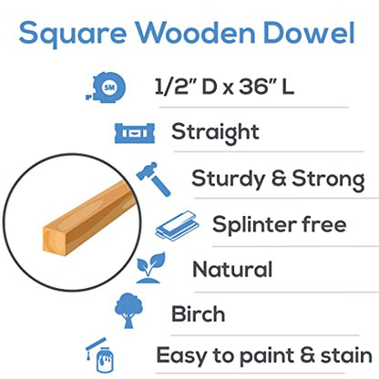 Square Wood Dowel Rod 36" x 1/2" Pack of 10 Square Wooden Dowel Sticks for Crafts and DIY Birch Hardwood by Woodpeckers
