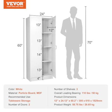 VEVOR Food Storage Cabinet, Freestanding Pantry with 2 Adjustable Shelves Engineered Wood Utility for Kitchen, Laundry, Dining Room, White VEVOR