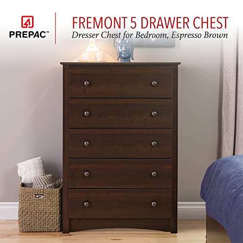 Prepac Fremont Superior 5-Drawer Chest for Bedroom - Spacious and Stylish Chest of Drawers, Measuring 16"D x 31.5"W x 45.25"H, In Espresso Finish Prepac