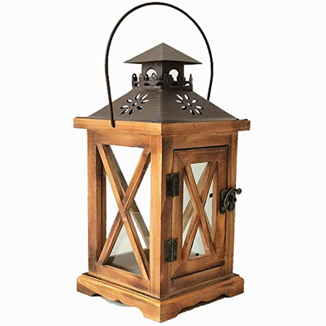 Vintage Wooden Rustic Lantern, SYCYULAN Decorative Candle Lantern with Farmhouse Style for Table Top Mantle Wall Hanging Display Wedding Party Decor SYCYULAN