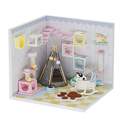 Kisoy Dollhouse Miniature with Furniture Kit, DIY 3D Wooden DIY House Kit A Corner of a Small Apartment Style with Dust Cover & LED,Handmade Tiny