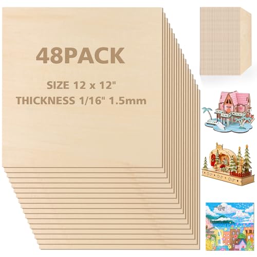 Basswood Sheets 1/16 x 12 x 12 inch - 1.5mm Basswood Sheets Plywood Sheets, 48Pcs Square Unfinished Wood Board for DIY Crafts, Laser Cutting, Wood Adrattnay