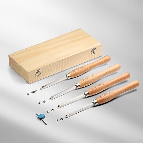 SainSmart 4 PCS Carbide Wood Lathe Turning Tool Set, Diamond, Round, and Square Replaceable Carbide Inserts, Ergonomic Wood Handle, for Turning Pens