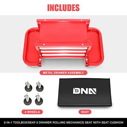 DNA MOTORING TOOLS-00261 3-Drawer Chest Rolling Mechanic Seat with Tool Trays,350lbs Max Weight Capacity,Red - WoodArtSupply